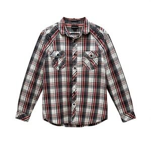 Helix Shirt Mens L Athletic Fit Button Up Long Sleeve Plaid Embroidered Shoulder